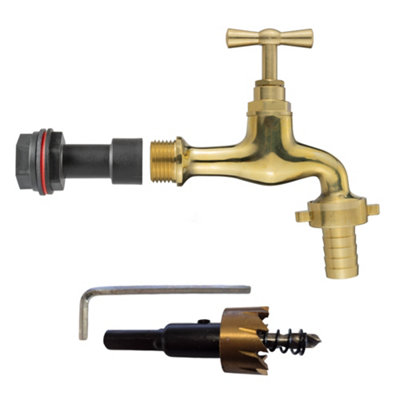  - 1/2 " Bsp Water Butt Fitting Set With 15mm Polished Brass Hose Barb Tap And 21mm Hole Cutter Complete Installation Kit