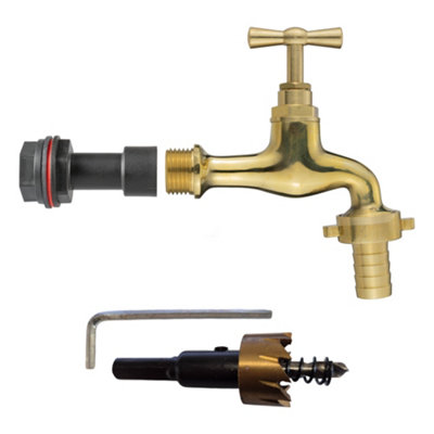 1/2Inch Bsp Water Butt Fitting Set  50mm Extension 19mm Polished Brass Hose Barb Tap 21mm Hole Cutter Nut & Washers from B&Q