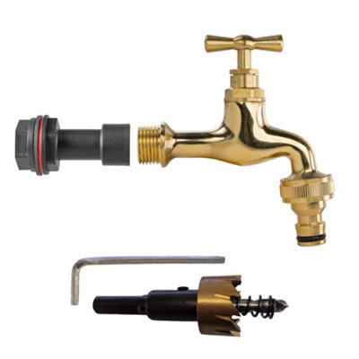1/2Inch Bsp Water Butt Fitting Set With Polished Brass Snap On Tap 21mm Hole Cutter And Sealing Kit from B&Q