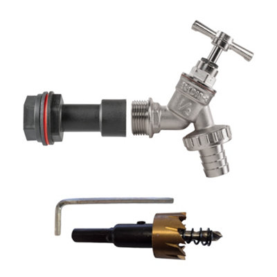 1/2Inch Bsp Water Butt Fitting Set With Nickel Plated Brass Tap Barbed Outlet And 21mm Hole Cutter from B&Q