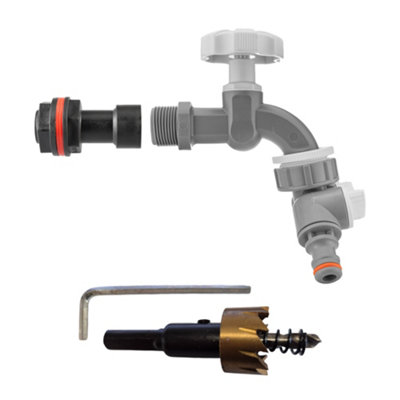 1/2Inch Bsp Water Butt Extension Kit With Grey Dial Tap Two Way Splitter And 21mm Hss Hole Saw from B&Q