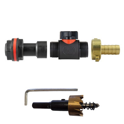 3/4Inch Bsp Water Butt Extension Set With In Line Soft Touch Valve 13mm Brass Hose Barb And 27mm Drill Bit from B&Q