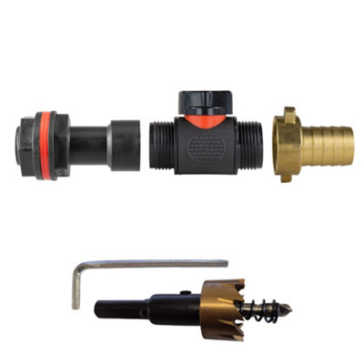  - 3/4" Bsp Water Butt Extension Set With In Line Valve 19mm Brass Hose Barb And 27mm Drill Bit