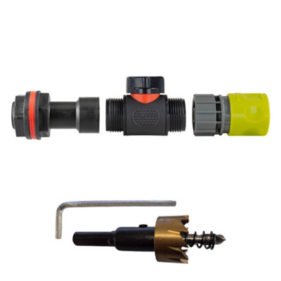 3/4Inch Bsp Water Butt Extension Set With In Line Valve Lime Click Lock Connector And 27mm Hss Hole Saw from B&Q