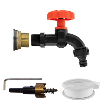 1Inch Water Butt Brass Kit With Black/orange Garden Tap Ptfe Tape And 34mm Hss Hole Saw Cutter from B&Q