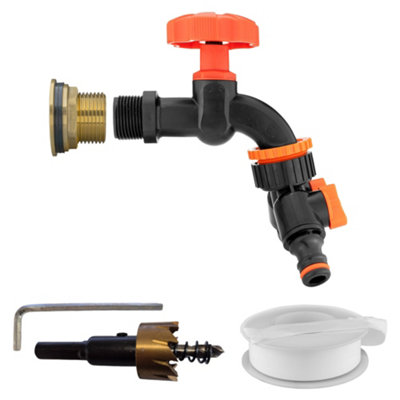 1Inch Water Butt Brass Kit With Black Dial Tap Two Way Splitter And 34mm Drill Bit from B&Q