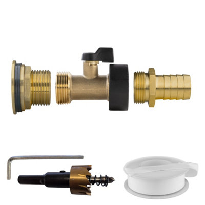 1Inch Brass Water Butt Kit With Inline Tap 19mm Hose Barb Ptfe Tape And 34mm Hss Hole Saw from B&Q