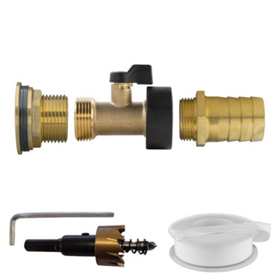 1Inch Brass Water Butt Connector Kit With 25mm Hose Barb Brass In Line Valve Ptfe Tape & 34mm Hss Drill Bit from B&Q