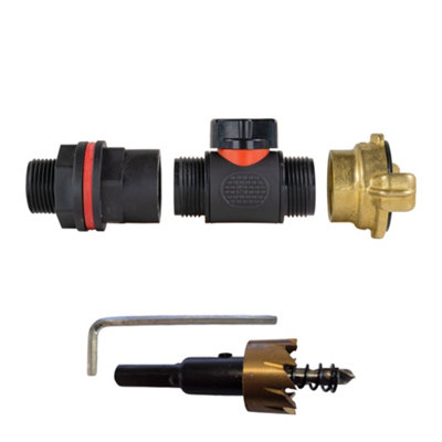 3/4Inch Bsp Water Butt Connection Kit With In Line Valve Brass Geka Coupling And 27mm Hss Drill Bit from B&Q