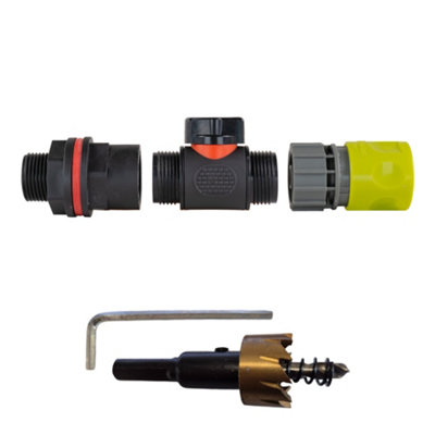 3/4" Bsp Water Butt Kit With In-Line Shut-Off ValveLime Female Quick Connector And 27mm Hss Drill Bit from B&Q
