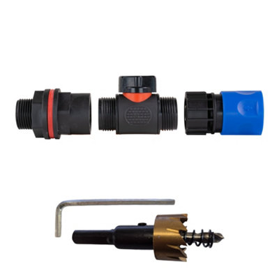 3/4Inch Bsp Water Butt Kit With In Line Shut Off Valve Quick Click Female Hose Connector And 27mm Hss Drill Bit from B&Q