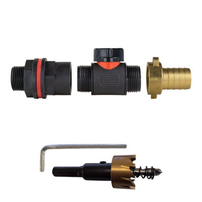 - 3/4" Bsp Water Butt Kit With In Line Valve 19mm Brass Hose Tail And 27mm Drill Bit
