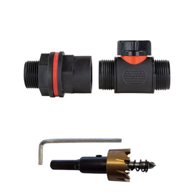3/4Inch Bsp Water Butt Connector Kit With In Line Soft Touch Valve And 27mm Hss Drill Cutter Includes Nut And Washers from B&Q