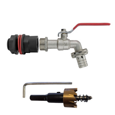 3/4Inch Water Butt Connector Kit With Zinc Lever Tap Hose Barb And 27mm Hss Drill Bit from B&Q