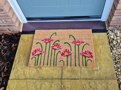  - Decorative 40Cm X 60Cm Coir Doormat Poppy Flower Design Beige Rustic Style