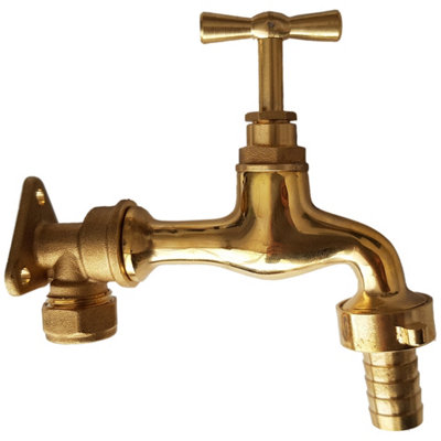 15mm Brass Wall Flange Kit With 15mm Polished Brass Garden Tap And Barbed Outlet from B&Q