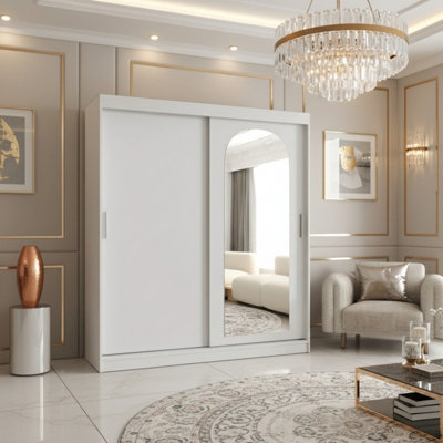 Selfie 180 Sliding Wardrobe With Mirror Modern Wardrobe Spacious Shelves And Hanging Rails Drawers Option White from B&Q