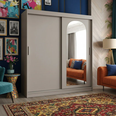 Selfie 180 Sliding Wardrobe With Mirror Modern Wardrobe Spacious Shelves And Hanging Rails Drawers Option Cashmere from B&Q