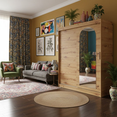 Selfie 180 Sliding Wardrobe With Mirror Modern Wardrobe Spacious Shelves And Hanging Rails Drawers Option Artisanoak from B&Q