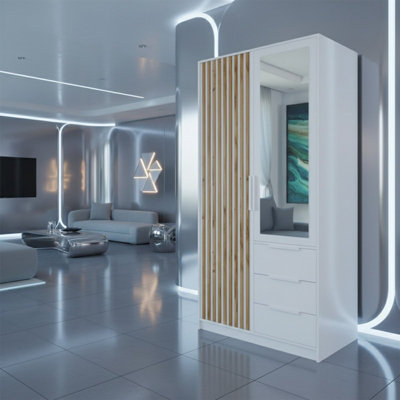  - Bali Lux D2 Wardrobe With Mirror And Slatted Doors 100Cm With Drawers And Hanging Rail White With Oak Wotan