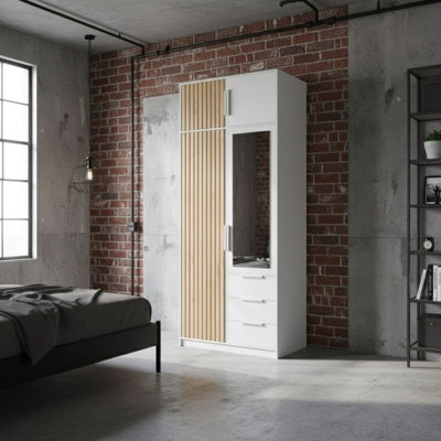  - Bali Lux D2 Wardrobe With Mirror And Slatted Doors 100Cm With Drawers And Hanging Rail White With Oak Wotan With Extension