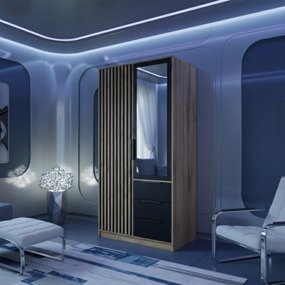  - Bali Lux D2 Wardrobe With Mirror And Slatted Doors 100Cm With Drawers And Hanging Rail Black With Oak Wotan