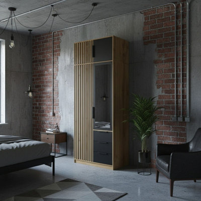  - Bali Lux D2 Wardrobe With Mirror And Slatted Doors 100Cm With Drawers And Hanging Rail Black With Oak Wotan With Extension