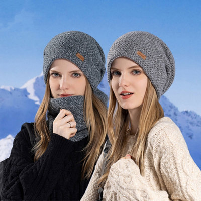 Winter Knit Beanie Hat And Scarf Set With Fleece Lining-Purple from B&Q