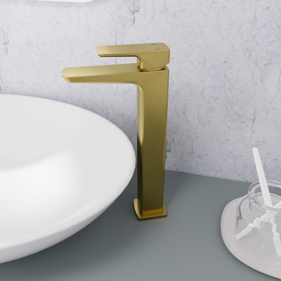 B&Q -  Modern Countertop Brushed Brass Tall Square Basin Mono Mixer Tap