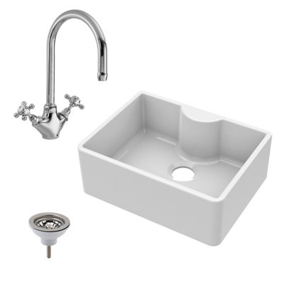 595mm - Fireclay 1 Bowl Butler Kitchen Sink -  Tap Ledge, Mono Mixer Tap, & Waste