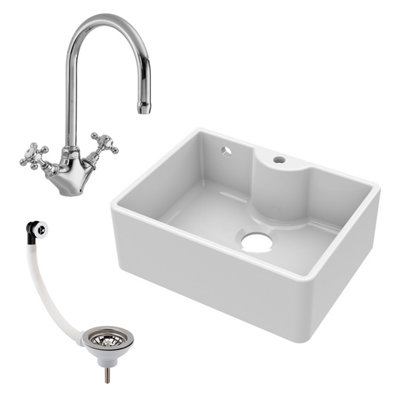 595mm - Fireclay Butler Kitchen Sink - Tap Ledge,  Overflow, Tap & Waste