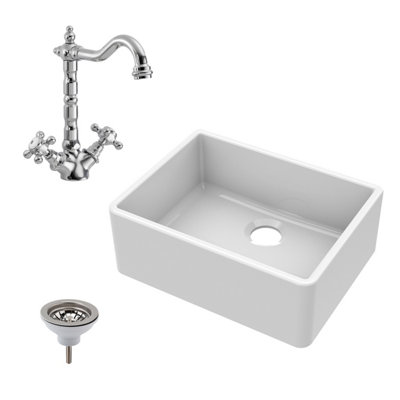 595mm - Fireclay Kitchen Bundle - Butler Sink, Compatible Waste  & French Tap