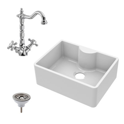 595mm - Fireclay Kitchen Bundle - Butler Sink -  Waste  & French Tap