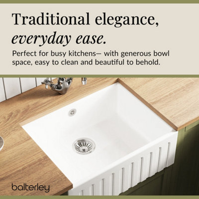 595mm - Fireclay Kitchen Single Bowl Fluted Front Butler Sink - with ...