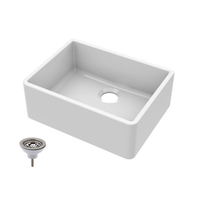 595mm - Single Bowl Fireclay Butler Kitchen Sink  -  Chrome Strainer Waste