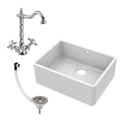 595mm - Single Bowl Fireclay Butler Kitchen Sink -  Overflow, Classic Tap  & Waste