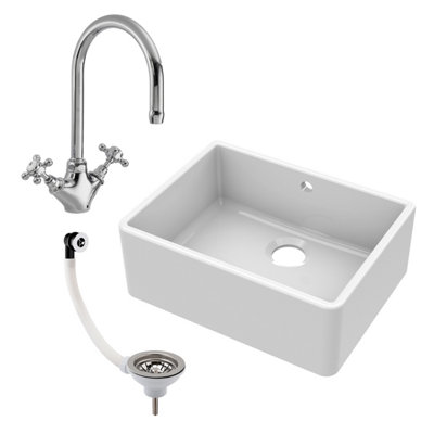 595mm - Single Bowl Fireclay Butler Kitchen Sink -  Overflow, Mixer Tap  & Waste