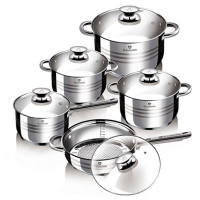 B&Q -  Urbnliving Height 13.5Cm Blaumann Gourmet 10Pc Cookware Set Stainless Steel Non Stick Pots Pans Induction
