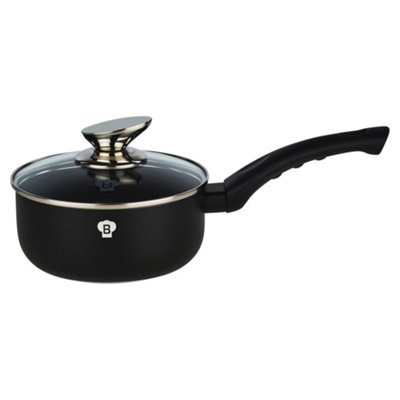B&Q -  Blaumann 16X7Cm Saucepan With Glass Lid1.15L Matt Black Cookware Frying Grill Pots Pan Saucepan Casserole Soft Touch Handle Lid