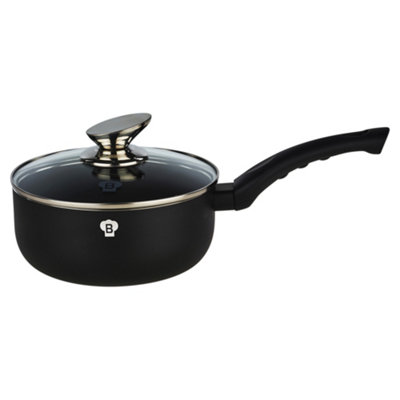 B&Q -  Blaumann 18X8CmSaucepan With Glass Lid 1.65L Matt Black Cookware Frying Grill Pots Pan Saucepan Casserole Soft Touch Handle Lid