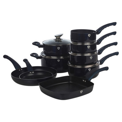 B&Q -  Blaumann 14 Pcs Aquamarine Colour Cookware Pots Grill Pans Set With Soft Touch Handles Glass Lids