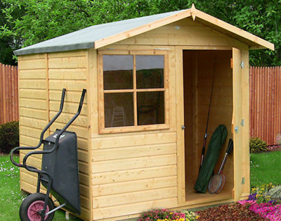 A timber shed with an apex roof and a large square window on the front. The door is open, revealing sports equipment inside.