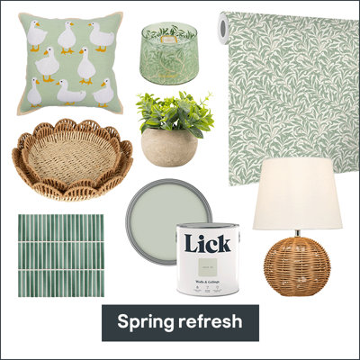Collage titled "Spring Refresh" featuring a duck-patterned pillow, green wallpaper, wicker items, a plant, paint can, green tiles, and a ceramic lamp.