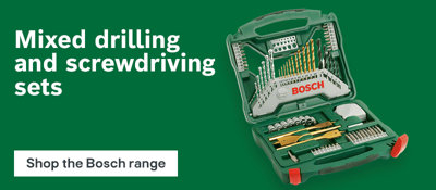 Shop the Bosch range. Mixed drilling and screwdriving sets with Bosch drill bits, screwdriver bits and accessories in a green Bosch storage case.