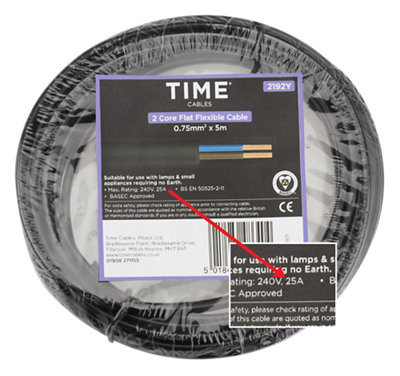 TIME cables 2 core black flat flexible cable 0.75mm²X5m in circular packaging. Arrow indicates the incorrect 25A amp rating on the packaging. Table below includes label details.