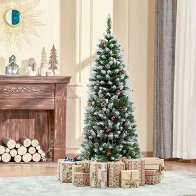 5FT Artificial Christmas Tree Xmas Pencil Tree with Red Berries and ...