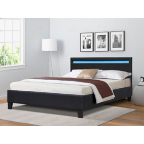 5ft Black Faux Leather Modern Bed Frame With LED