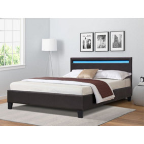 5ft Brown Faux Leather Modern Bed Frame With LED