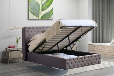 5ft Comfy Living Winged Plush Velvet Fabric Ottoman Storage Bed Frame with Headboard in Dark Grey