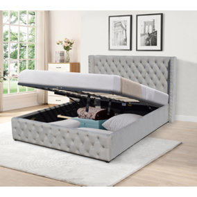 5ft Comfy Living Winged Plush Velvet Fabric Ottoman Storage Bed Frame with Headboard in Light Grey